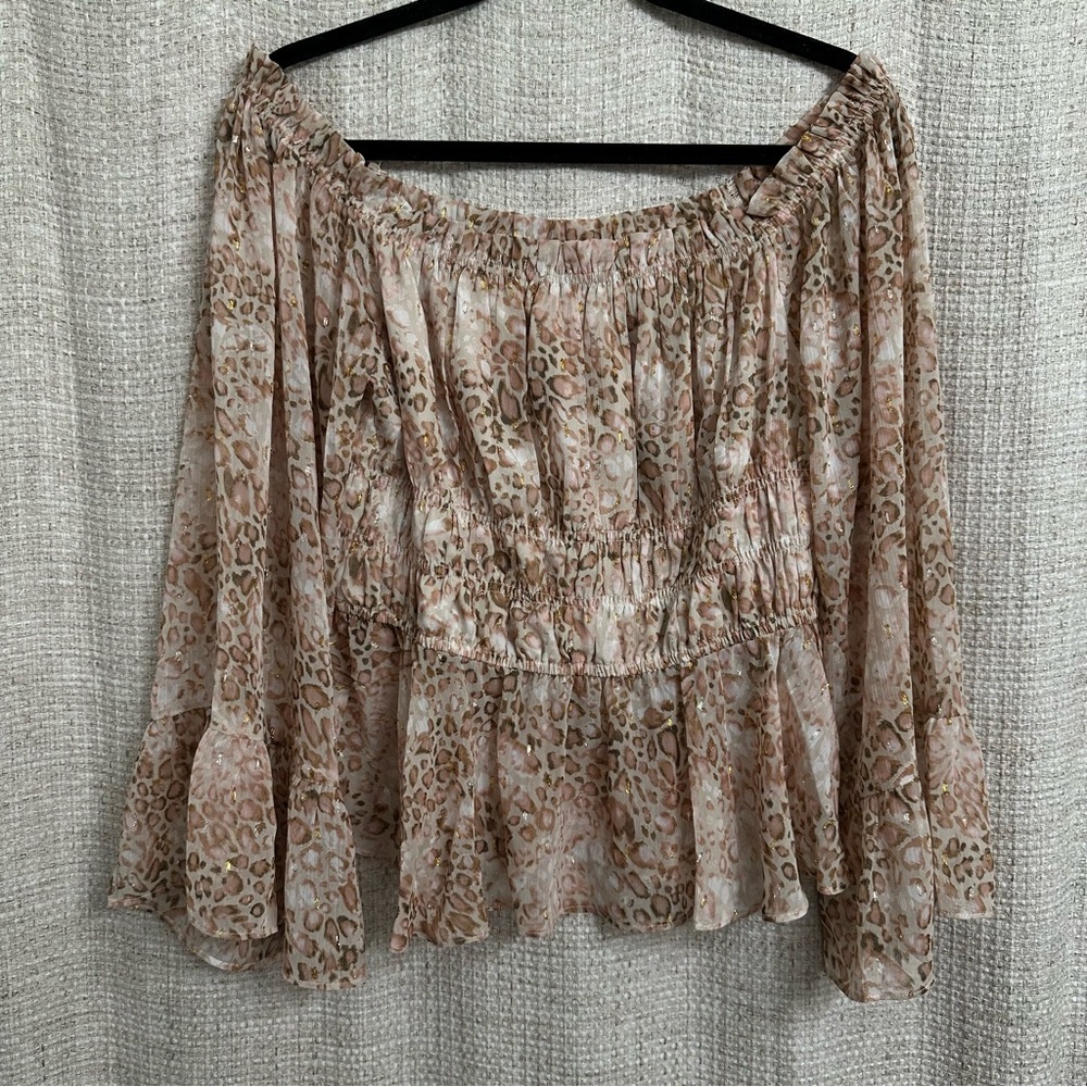 Mystree Cheetah Leopard Print Off The Shoulder Bell Sleeve Top Smocked Metallic